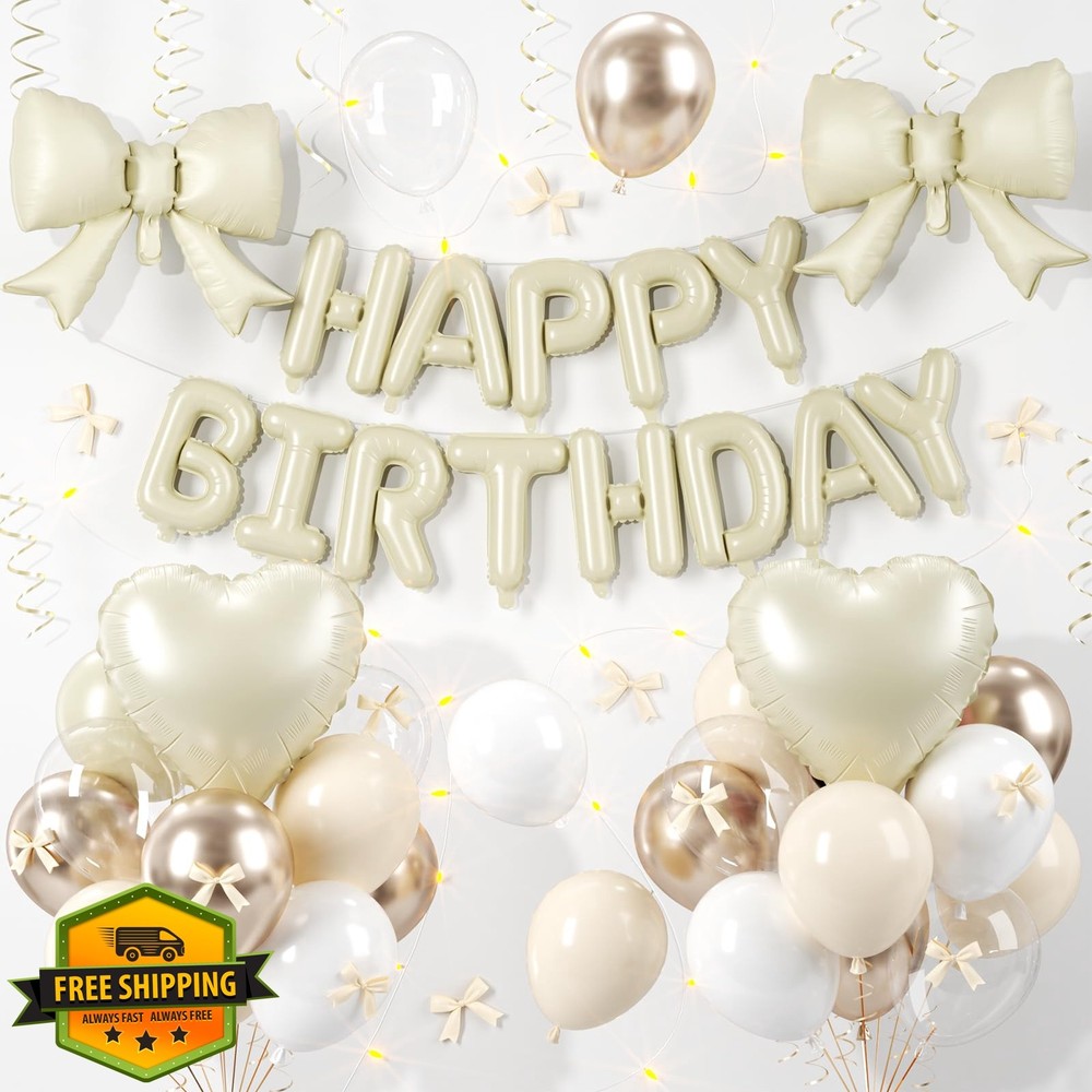 Paready Cream White Birthday Decorations Banner Balloons