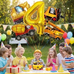 Construction Party Balloons Set, Large 40 Inch Gold Number 4 Balloon and 4 Mi…