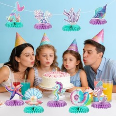 9 Pcs Mermaid Theme Birthday Party Decorations, 3D Double Sided Honeycomb Cen…