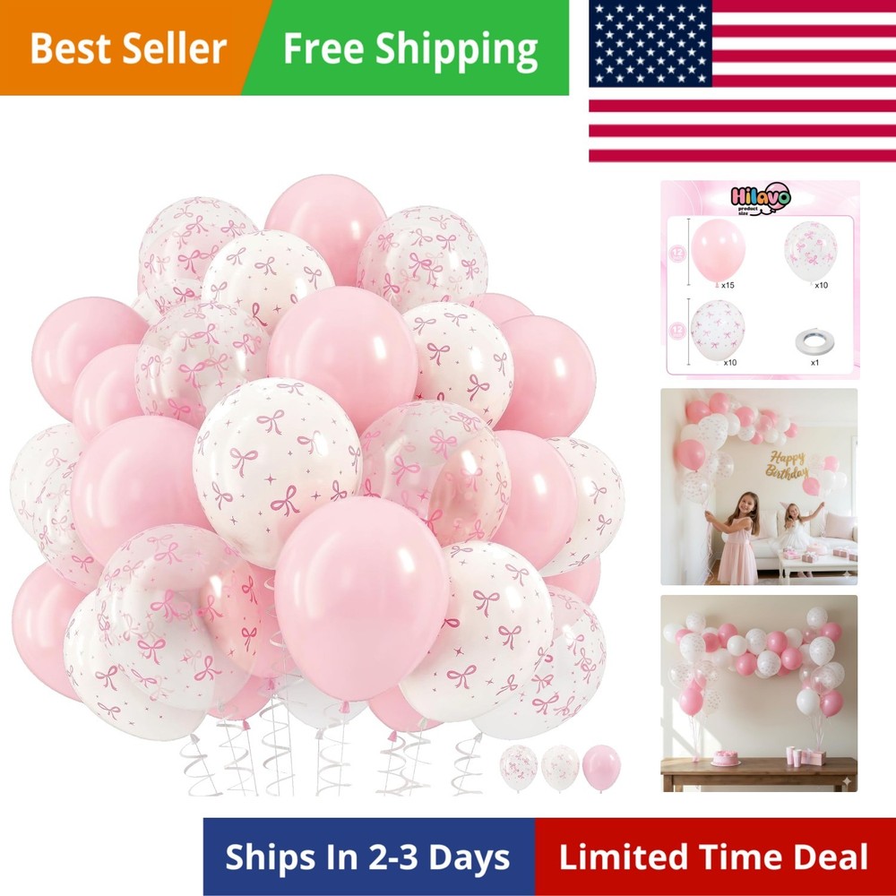 Pink Bow Balloons, 12 Inch Pastel Light Pink Transparent White Bow Print Coqu…