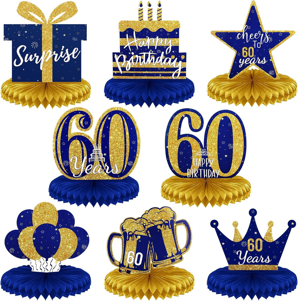 8 Piece Blue Gold 60Th Birthday Table Decorations 60Th Birthday Honeycomb Center