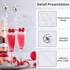 36 Pcs Disco Ball Straws Silver Mirror Ball Reusable Plastic Decor For 70s Party