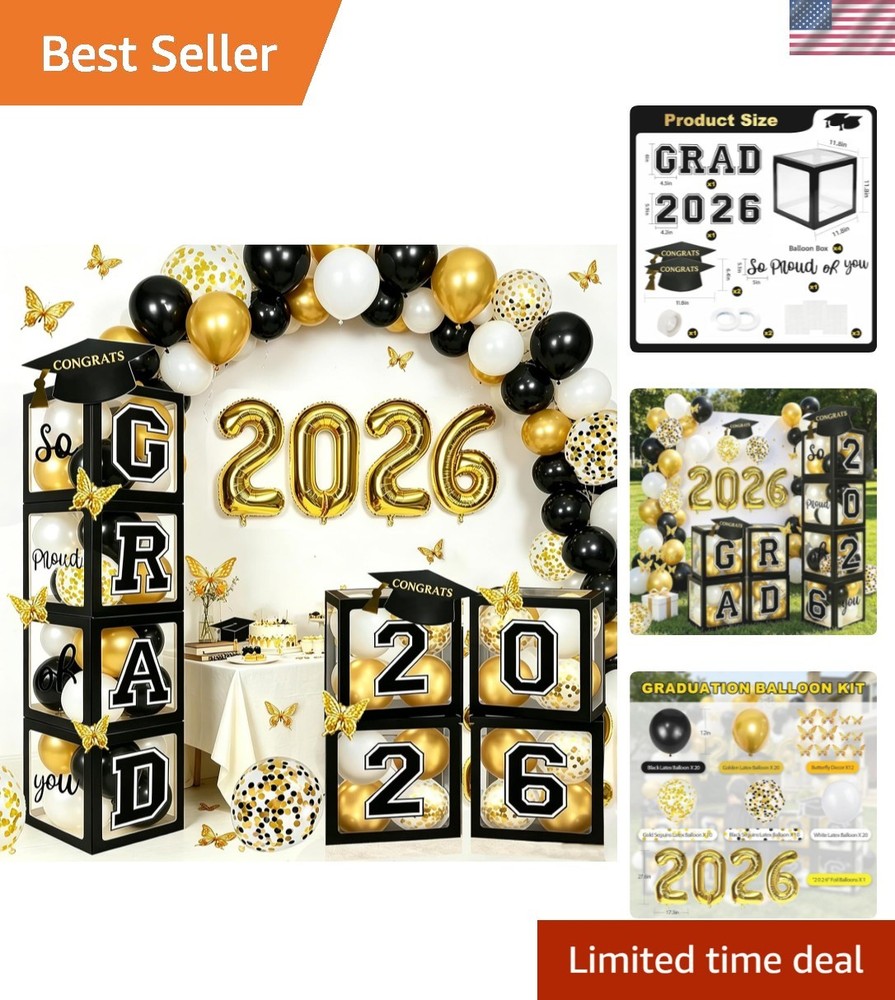 2026 Graduation Party Decorations: 4 Pcs Black Balloon Boxes with Letters 202…