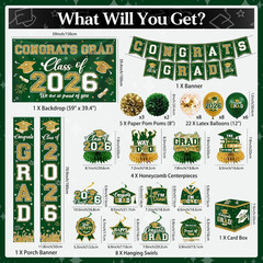 Green and Gold Graduation Decorations 2026 Set, All-In-1 Kit with Congrats Grad