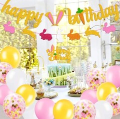 Bunny Birthday Decorations Kit Rabbit Theme Happy Birthday Banner Cake Topper 📦
