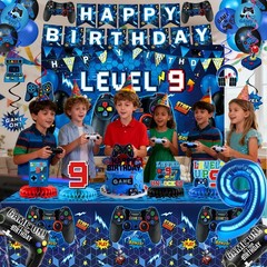 9th Decorations for Boys, Blue Video Game Party Decorations, Level 9 Backdrop…