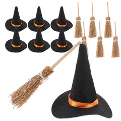 Mini Felt Witch Hats Halloween Gnome Hats Broom Decor Set