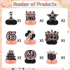 65th Birthday Decorations for Women – 9PCS Vintage 65th Birthday Honeycomb Ce…