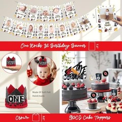 Rock and Roll 1st Birthday Decorations Set – Backdrop, Balloons, Cake Topper & M
