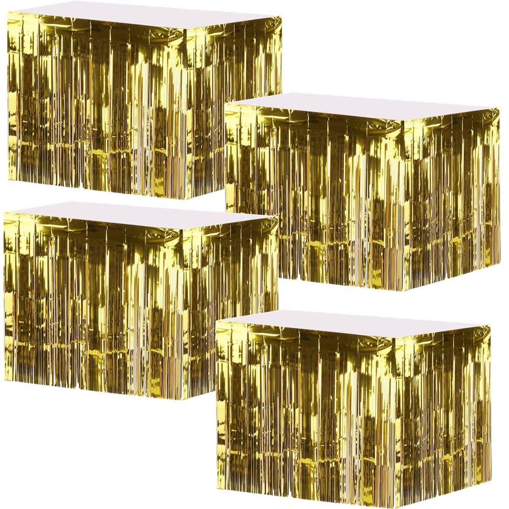 Yopay 4 Pack Metallic Foil Fringe Table Skirt, Gold Shiny 108 X 29 inch,