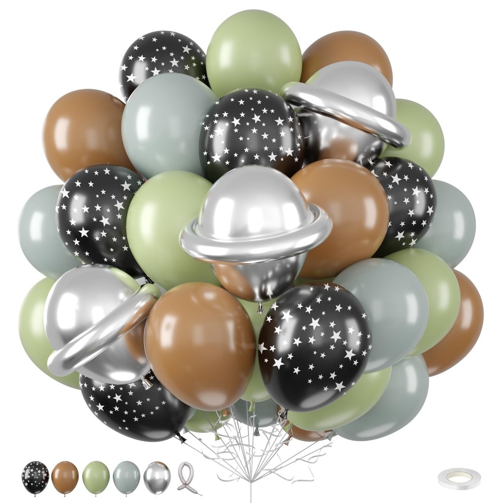 12″ Grey Sage Green Balloons, Black Star Print, Metallic Silver for Baby Shower