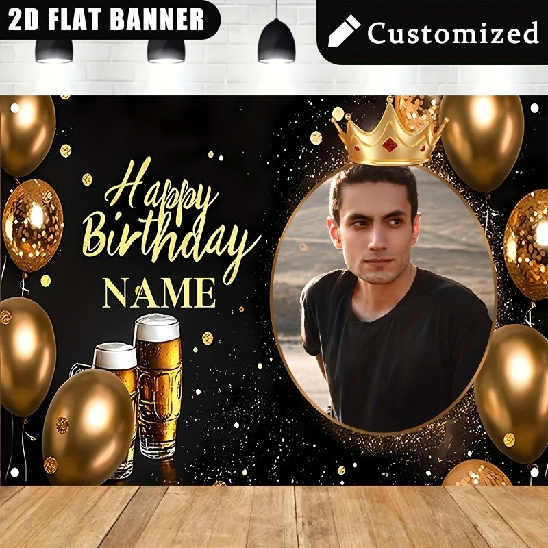 1x 2D Custom Birthday Party Banner Crown Beer Design Photo Vinyl Backdrop Decor♪
