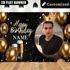 1x 2D Custom Birthday Party Banner Crown Beer Design Photo Vinyl Backdrop Decor♪