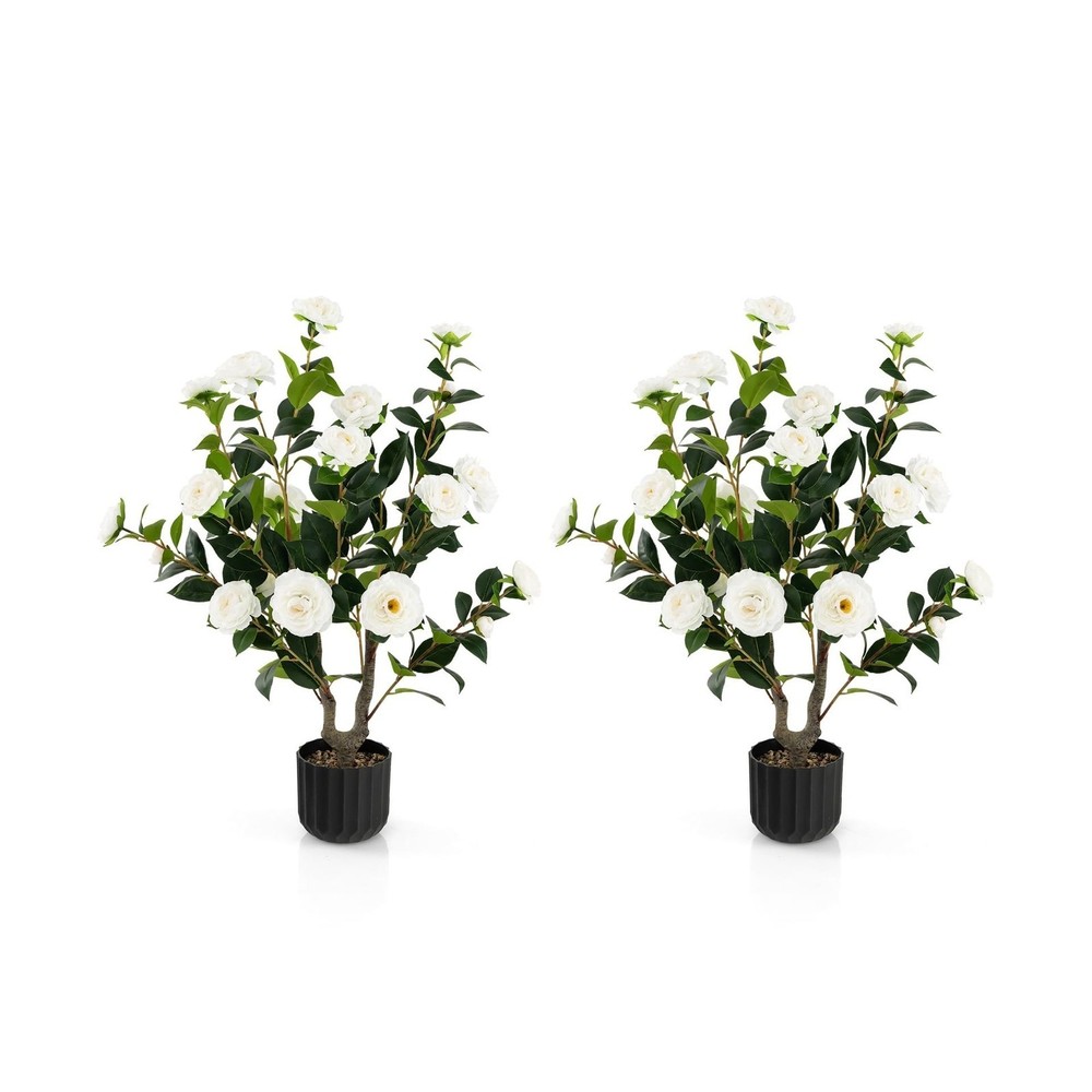 Goplus 38’’ Artificial Camellia Tree, 2 Pack Flower Plants Artificia