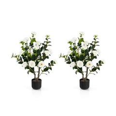 Goplus 38’’ Artificial Camellia Tree, 2 Pack Flower Plants Artificia