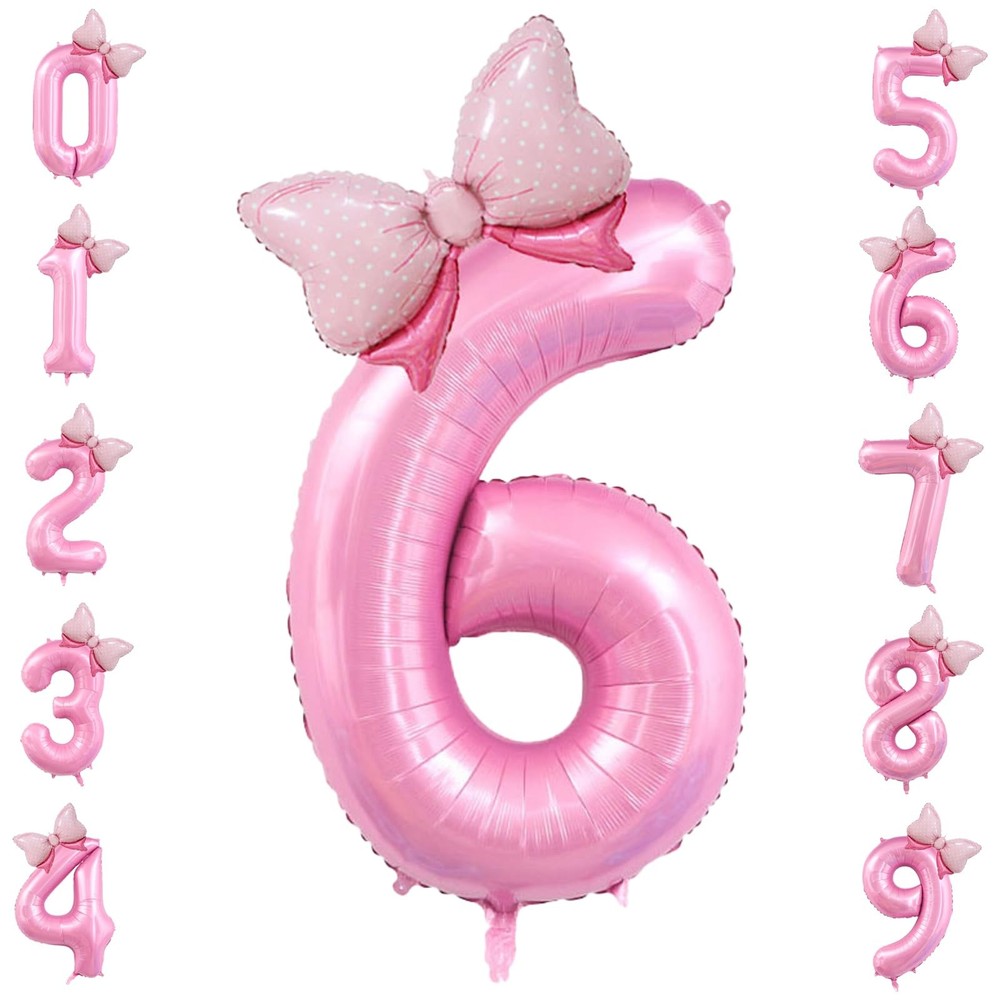 40 inch Number 6 Balloon with Bow Pink Happy Birthday Jumbo Number Balloon fo…