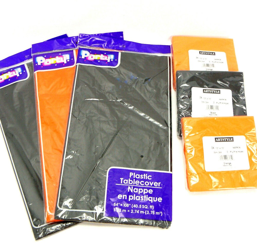 3 TABLE COVERS and 3 packs of NAPKINS – Black and Orange