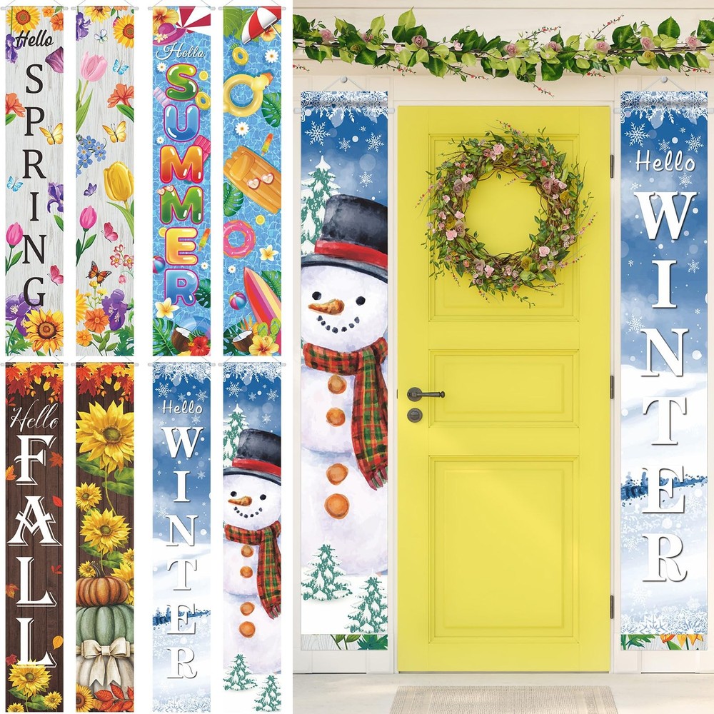 8 Pcs Seasonal Door Banner Hello Winter Christmas Banner Spring Summer Fall W…