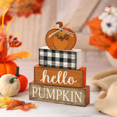 Hello Fall Decorations Maple Leaves Pumpkin Reversible Wooden Sign Tabletop 5Pcs