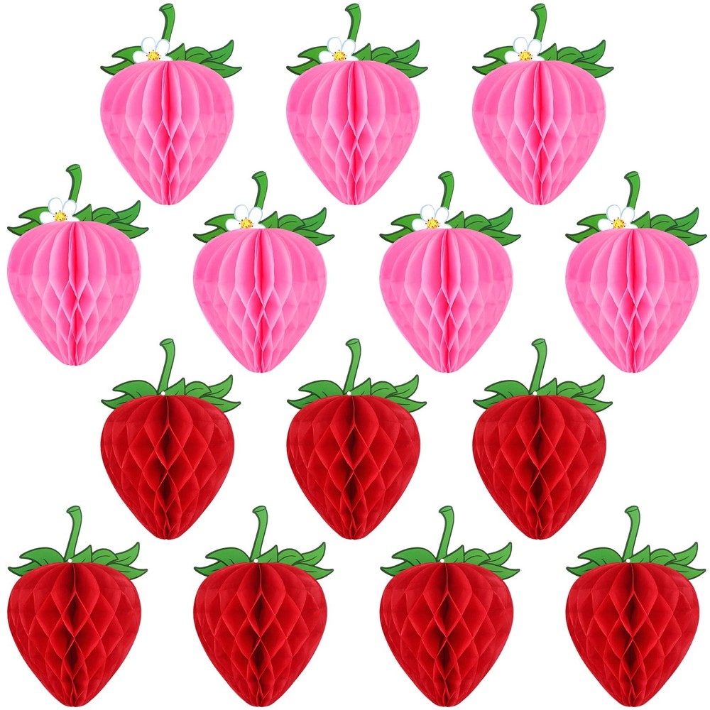 Strawberry Honeycomb Decorations, 14 PCS, 6 Inch, Red, Pink, Tissue Ball