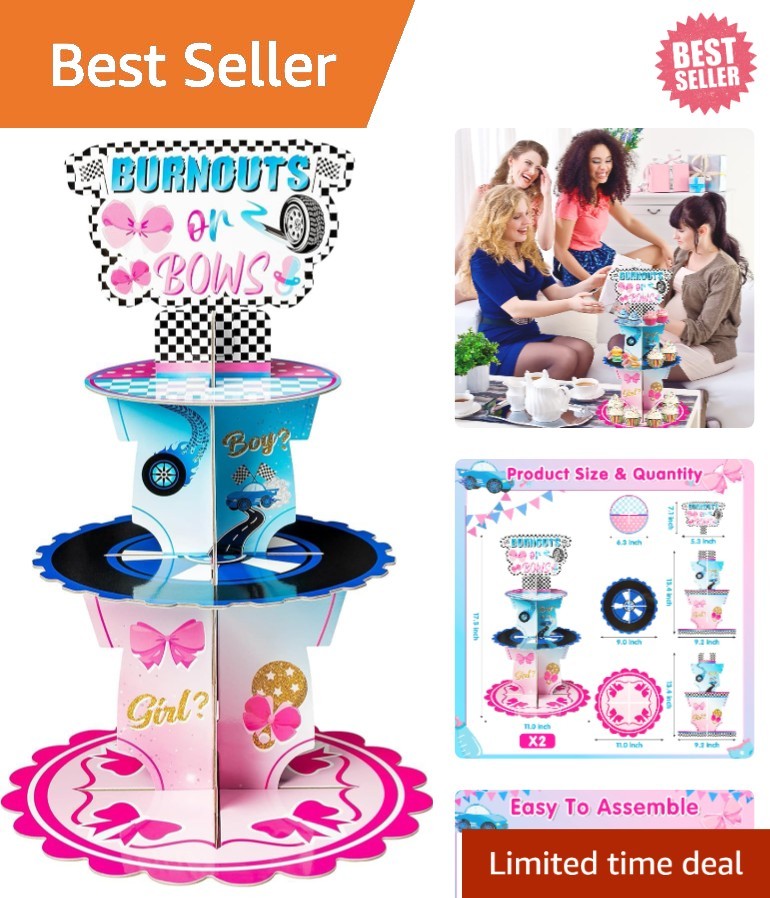 Dual Theme 3-Tier Cardboard Dessert Holder for Gender Reveal & Baby Showers