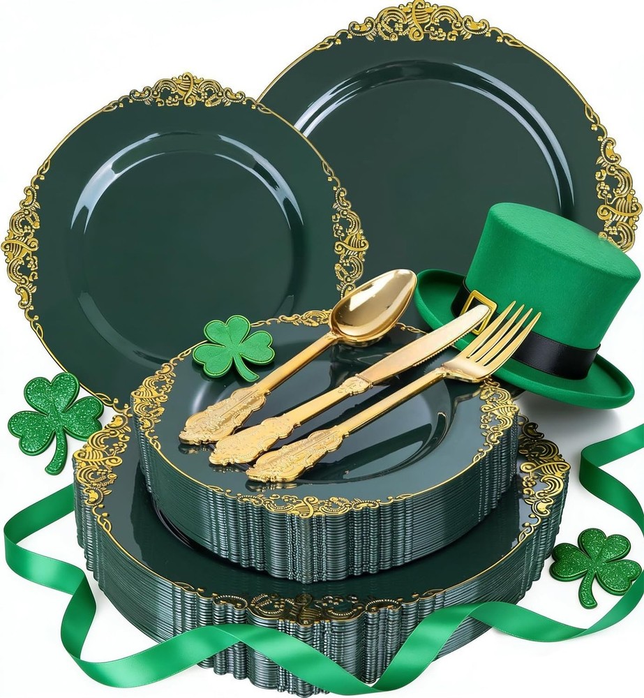 125PCS Green and Gold Plastic Plates – Fancy Green Disposable Plates – Vintag…