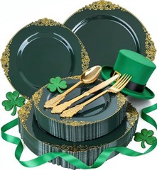 125PCS Green and Gold Plastic Plates – Fancy Green Disposable Plates – Vintag…