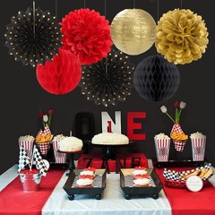 14 PCS Red Black Gold Party Decor Streamer Lantern Paper Fan Tissue Pom Pom