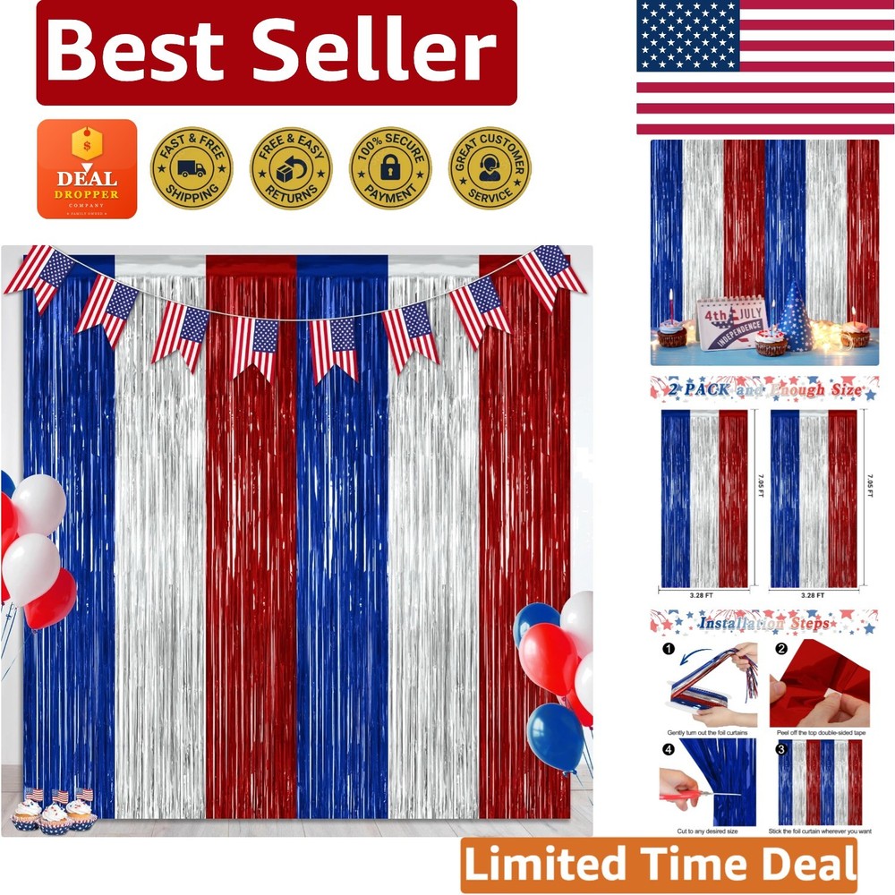 Patriotic Red, Silver, Blue Tinsel Fringe Backdrop – Independence Day Set