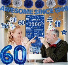 60Th Birthday Decorations Men Banner – 17 Pcs Blue Glitter Back in 1966 Birthday