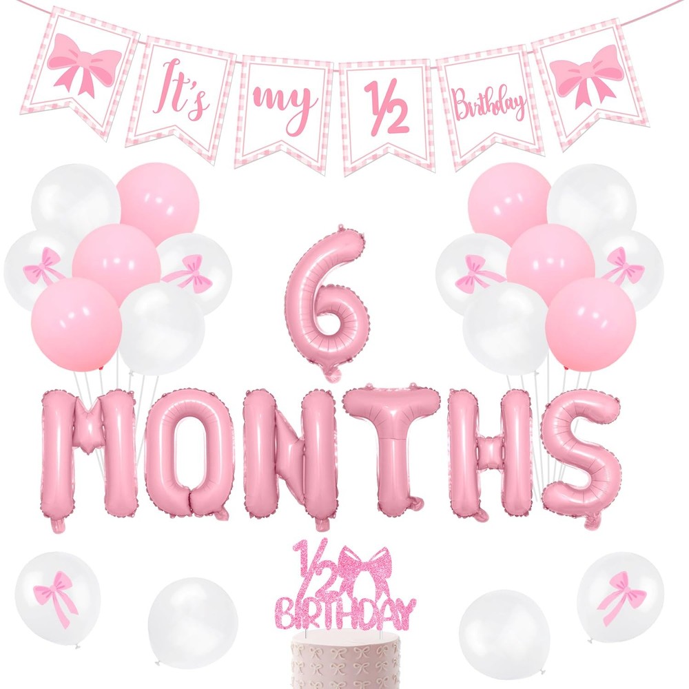 Half Decorations – Pink Gingham Banner Bow, Balloons, Cake Topper for Girls 6…