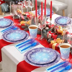 Paper Tableware Set 25 Pieces Blue Purple Snowflake Winter Holiday Party Supp…
