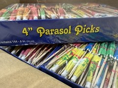 BOX Assorted Umbrella Parasol 4″ Cocktail Food Picks Tropical Luau 3456 CT