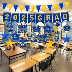 Class of 2025 Blue Glitter Congrats Grad Banner – 2025 Graduation Party Decor