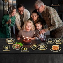 Elegant 90th Birthday Decorations, Black Gold Disposable Plates & Napkins for 30