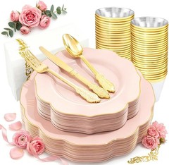 Festive Pink Plastic Plates with Gold Cutlery – 175 Pieces