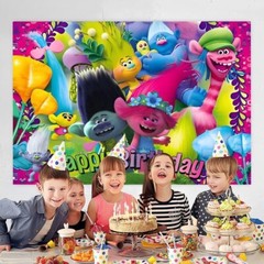 Trolls Theme Happy Birthday Backdrop 5×3.5ft,for Kids Birthday Party Decoration