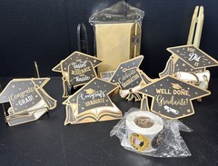 Graduation Party Pack 30 Cards & 500 Stickers Black, Gol, White. Open Box