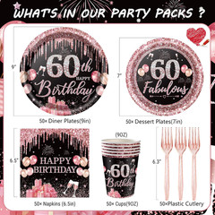 250PCS 60Th Birthday Party Decorations for 50 Guests Black and Rose Gold Party S