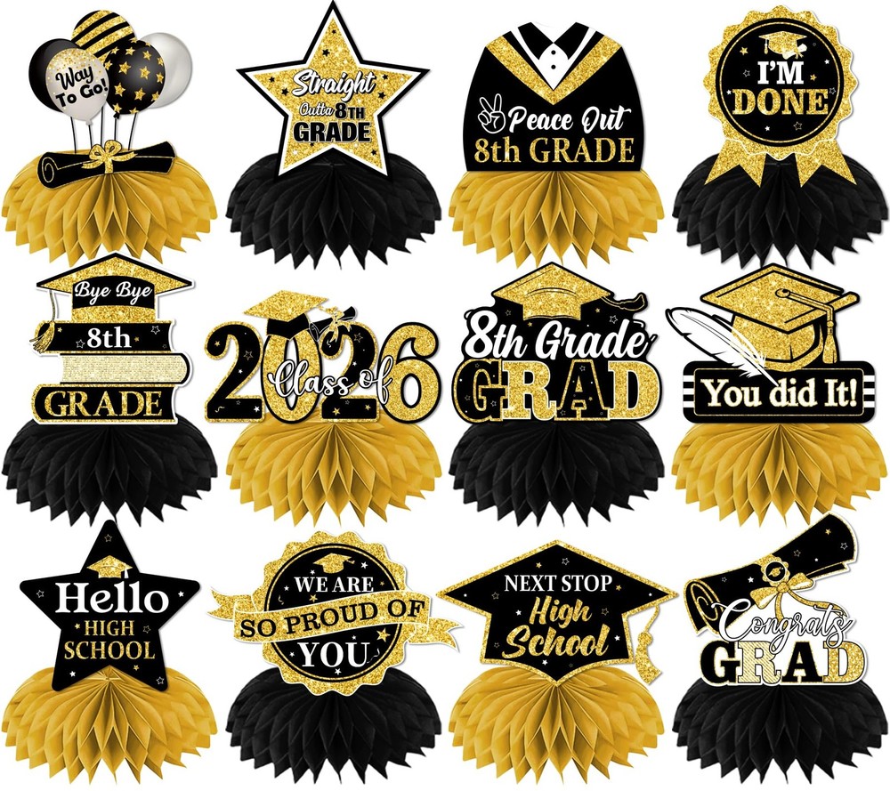 12 PCS Black Gold 8th Grade Congrats Grad 2026 Graduation Centerpiece Topper
