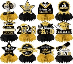 12 PCS Black Gold 8th Grade Congrats Grad 2026 Graduation Centerpiece Topper