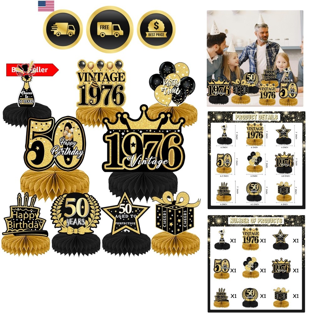 50th Birthday Decorations for Men – 9Pcs Black Gold 50th Birthday Party Decor…