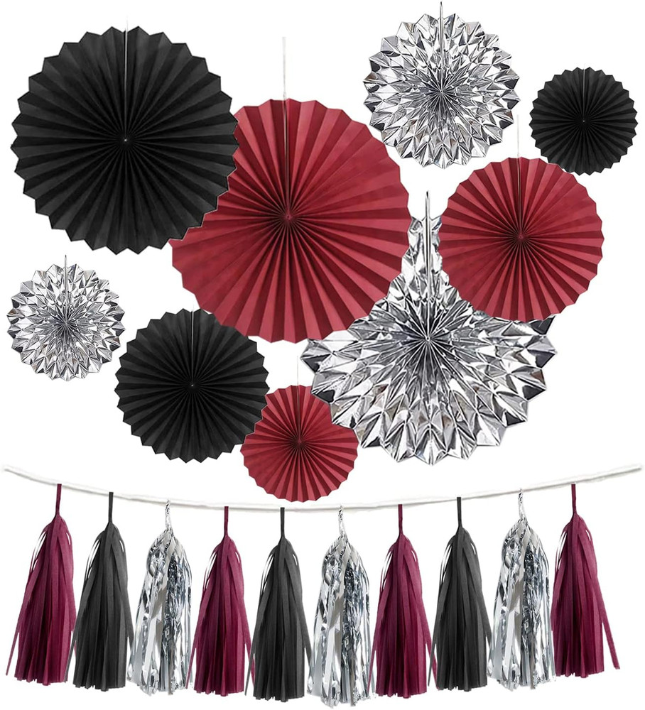 24PCS Maroon Decorations Burgundy Black Silver Party Decor Tassel Garland Banner
