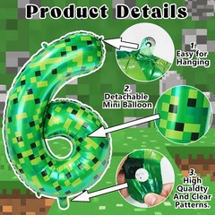 40in Pixel Giant Number 6 Balloon Decorations, Miner Theme Green Foil Balloon…