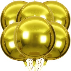Gold Metallic 22 Inch 4D Big Round Foil Balloons W/Ribbon & Straw Pack of 6