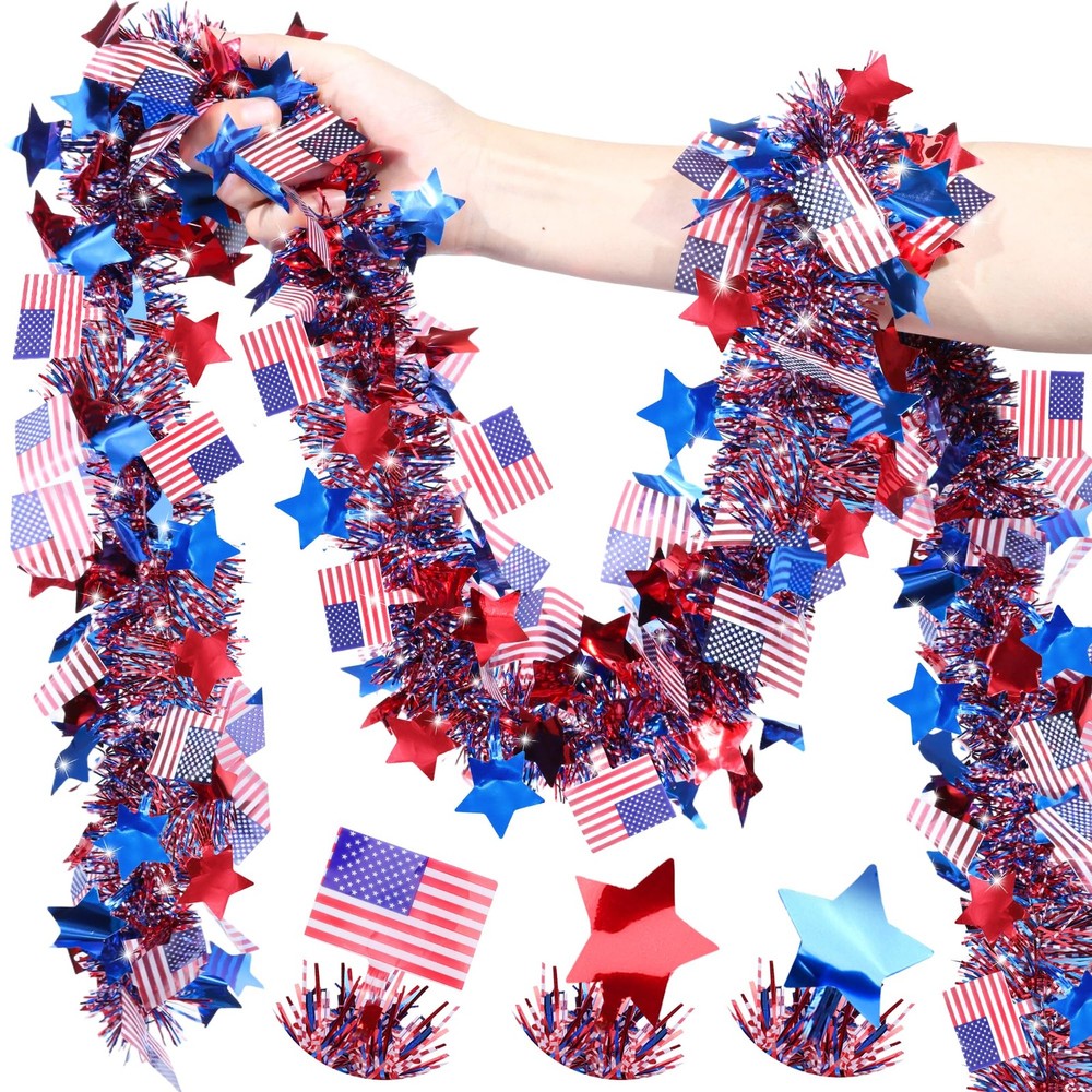 50FT 4th of July Decorations Red White Blue Star Flag Tinsel Garland, Glitter…
