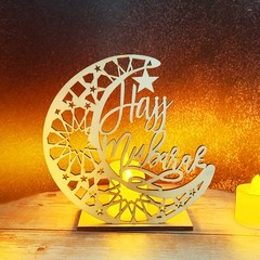 Eid Mubarak Ramadan Wooden Moon Muslim Mosque Islam Tabletop Light Decoration
