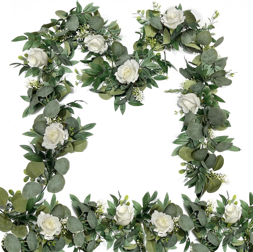 2 Pack Artificial Spring Eucalyptus Flower Garland with White Roses, 13Ft Fake