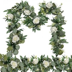 2 Pack Artificial Spring Eucalyptus Flower Garland with White Roses, 13Ft Fake