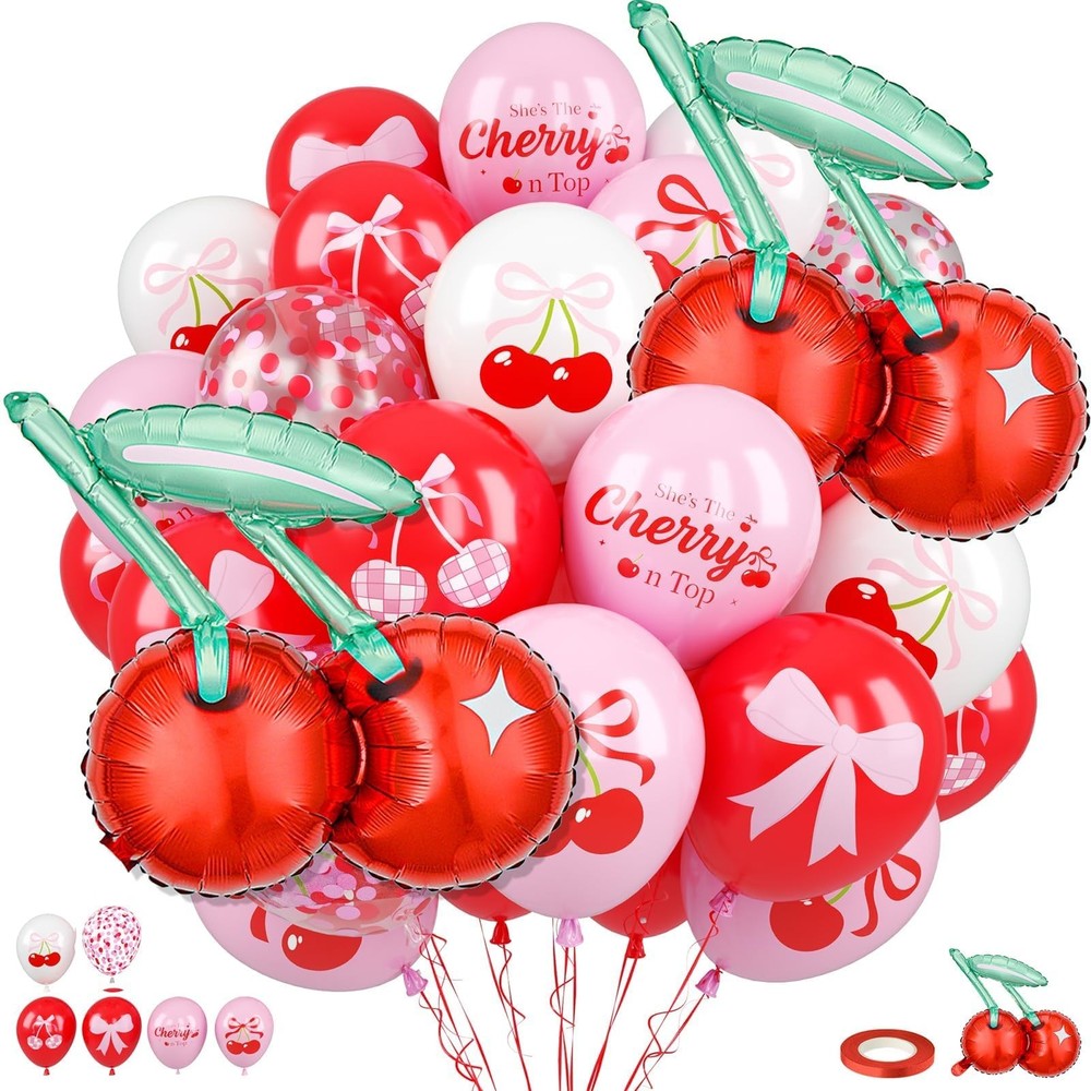 Cherry Balloons, Red Pink White Confetti Latex Balloons with Cherry Foil Ball…